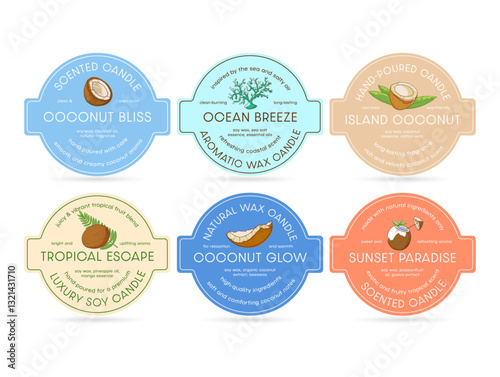 Vibrant coconut scented candle labels, each with a unique theme that evokes a sense of relaxation and tropical atmosphere.