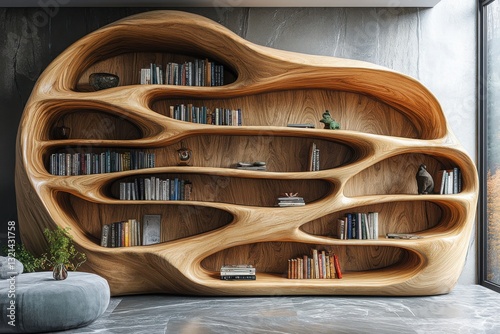 Unique Wooden Bookshelf: This custom-built bookshelf is a statement piece Its flowing design and warm tones adds beauty to any room