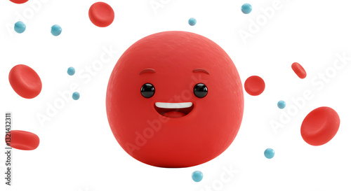 Cartoon Red Blood Cell Character Smiling Amongst Other Cells Illustration
