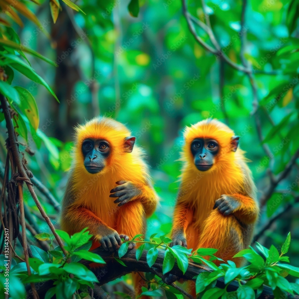 Golden Monkeys Perched in Lush Green Jungle Canopy Wildlife Golden Monkeys Perched in Lush Green Jungle Canopy Wildlife