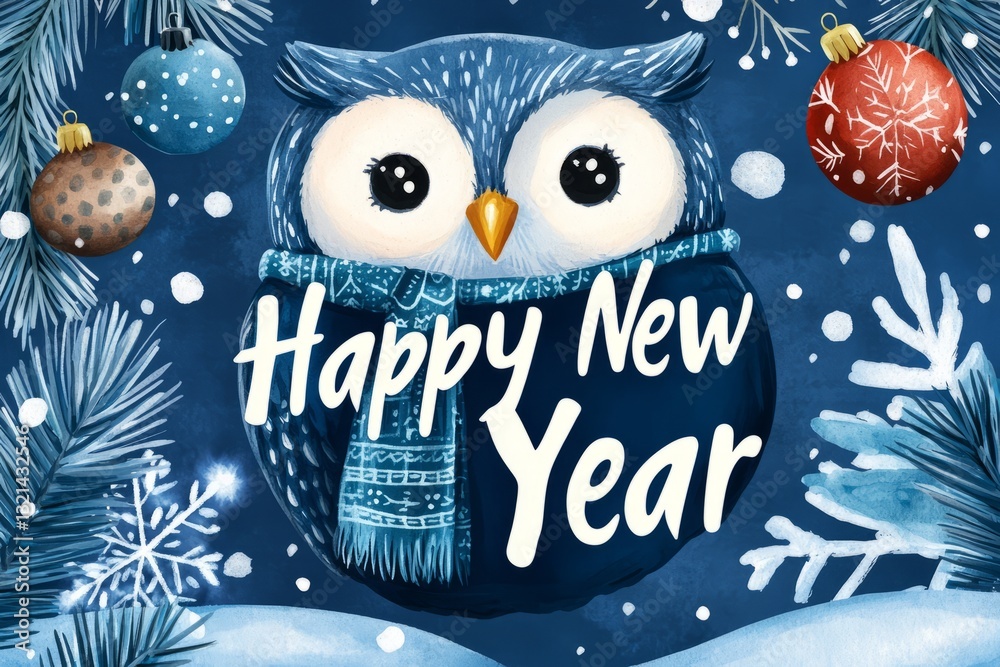 Obraz premium Adorable Winter Owl with Happy New Year Greeting Surrounded by Festive Decorations