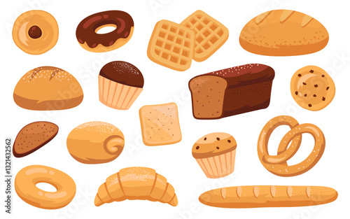 Bakery shop products assortment isolated cartoon set with sweet pastry, fresh bread, cookies