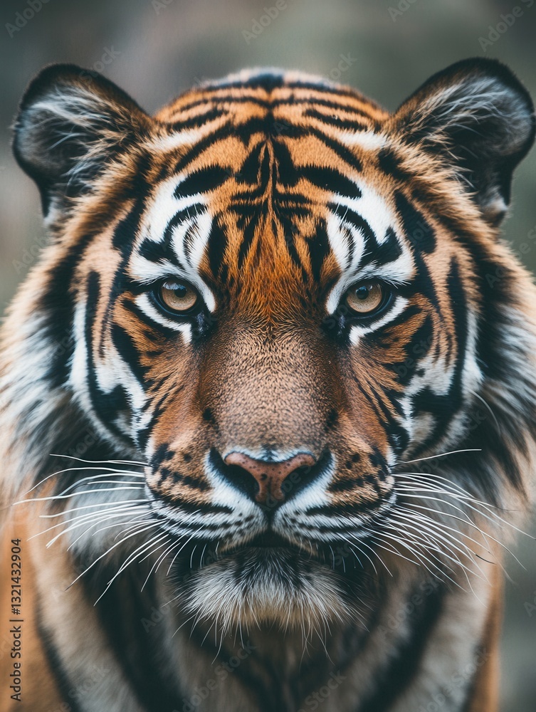 Fototapeta premium Close-up portrait of a tiger with striking eyes and detailed fur captured in natural habitat during daylight