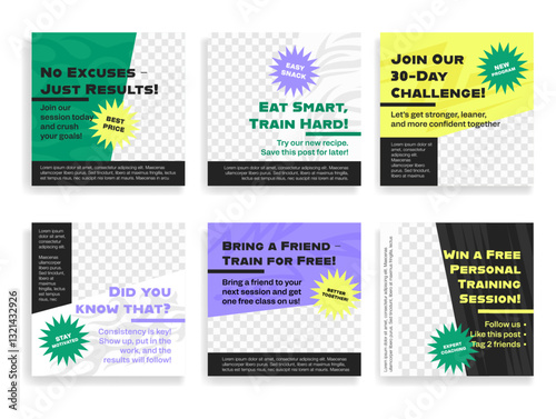 Fitness club banners promoting health, nutrition, and workout challenges designed for community engagement and motivation