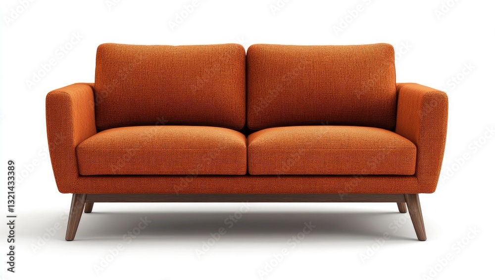 Mid-century modern orange couch. A comfortable two-seater sofa with a simple design. Orange fabric upholstery and light brown wooden legs Mid-century modern orange couch. A comfortable two-seater sofa with a simple design. Orange fabric upholstery and light brown wooden legs