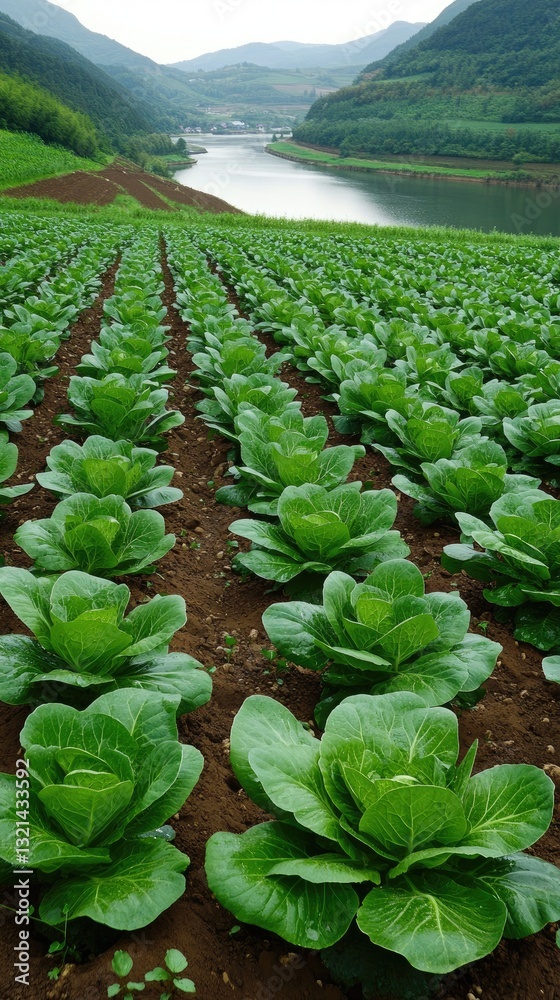 Fototapeta premium Morning sunlight illuminates vegetable fields as a farmer cultivates green Chinese cabbage amid lush landscapes and fertile soil