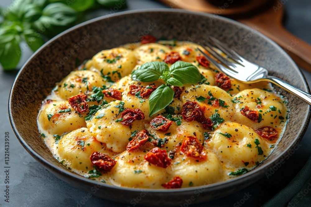 Delicious pasta dish featuring round ravioli sun-dried tomatoes basil and a creamy sauce served in a rustic bowl Ready to eat! Delicious pasta dish featuring round ravioli sun-dried tomatoes basil and a creamy sauce served in a rustic bowl Ready to eat!