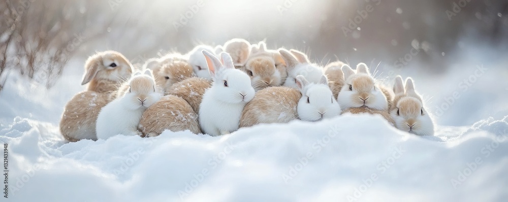 Fototapeta premium A gathering of adorable bunnies snuggling together in the winter snow