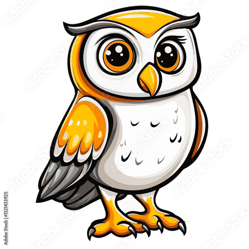 Cartoon Owl with White Body, Yellow Accents, and Large Eyes