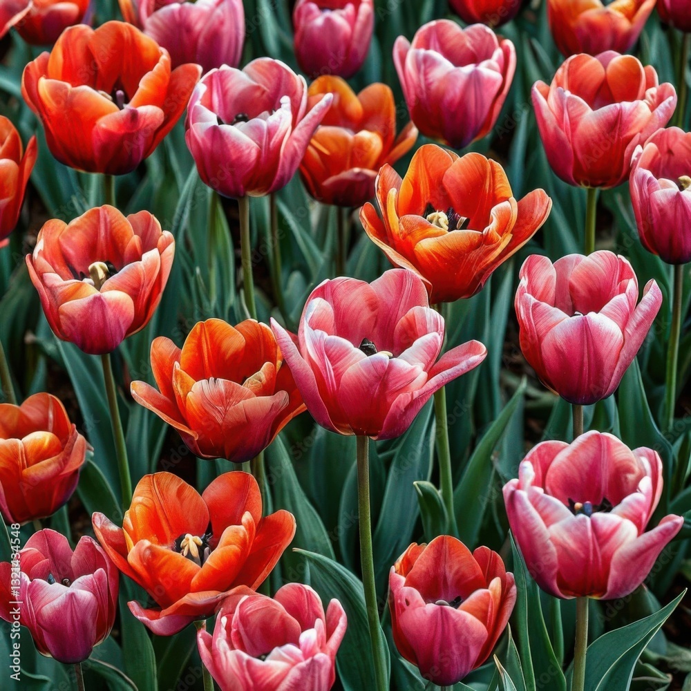 Fototapeta premium Detailed view of blooming tulips with visible stamens and pistils in vibrant colors. Generated AI