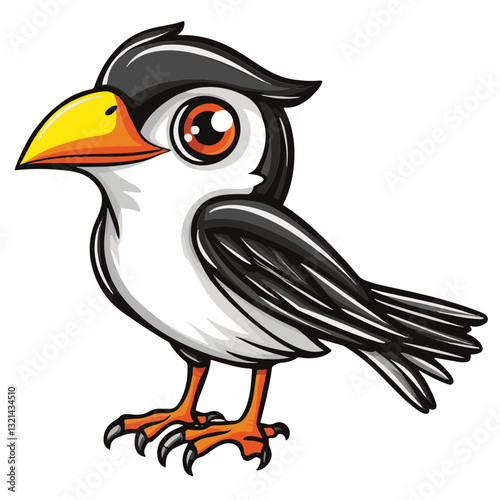 Cartoon Bird with Black Head, White Body, Yellow Beak, and Orange Feet