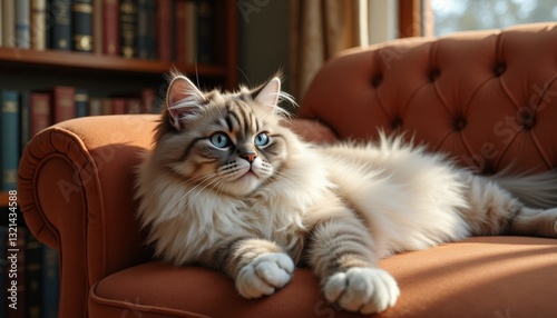 Fluffy, blue-eyed cat with luxurious coat is lounging on orange, tufted sofa in cozy room with bookshelf in background. Comfort, luxury, and home decor.