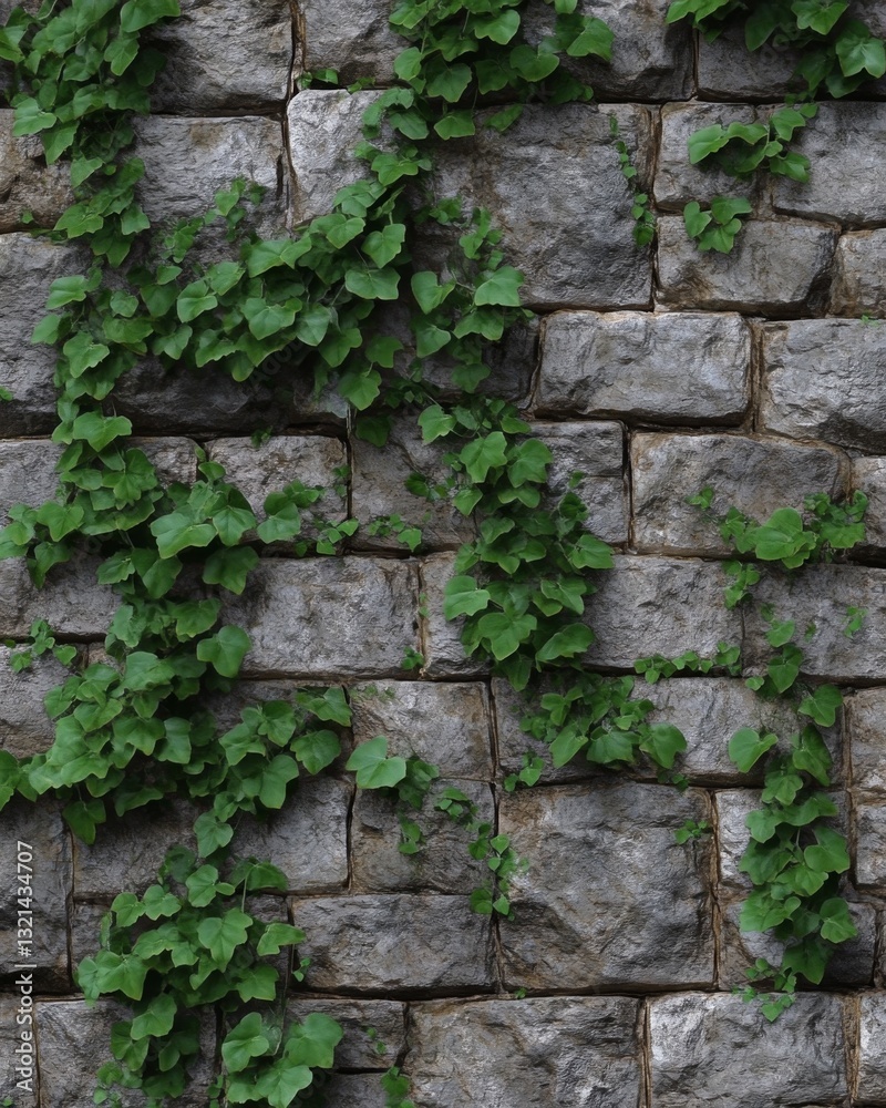 Grey stone wall texture with lush green ivy climbing and covering the surface. The image offers a natural, organic backdrop with contrasting Grey stone wall texture with lush green ivy climbing and covering the surface. The image offers a natural, organic backdrop with contrasting