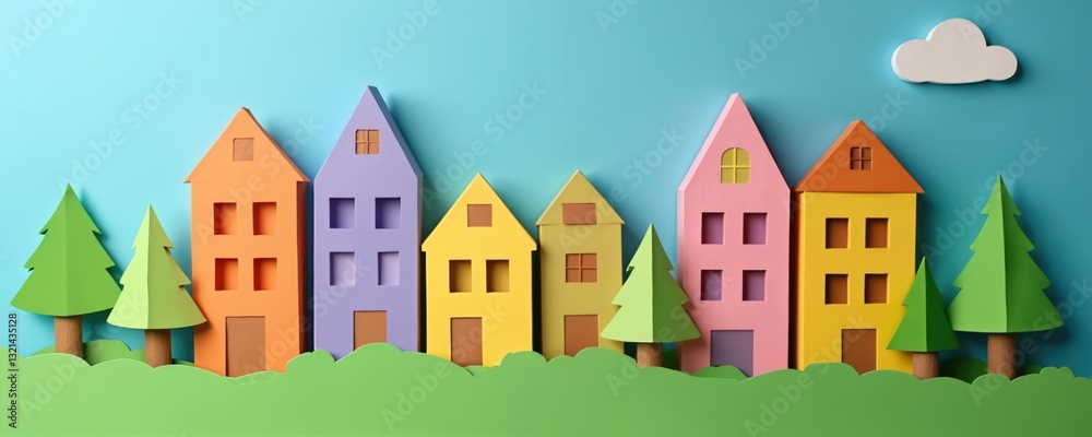 Colorful paper buildings with trees against blue background. Hand-made city model with vibrant houses, green trees, paper cloud. Playful diorama for kids, paper artwork rendering cheerful Colorful paper buildings with trees against blue background. Hand-made city model with vibrant houses, green trees, paper cloud. Playful diorama for kids, paper artwork rendering cheerful