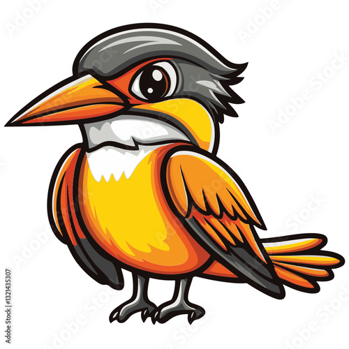 Cartoon Bird with Black Head, White Body, Yellow Beak, and Orange Feet