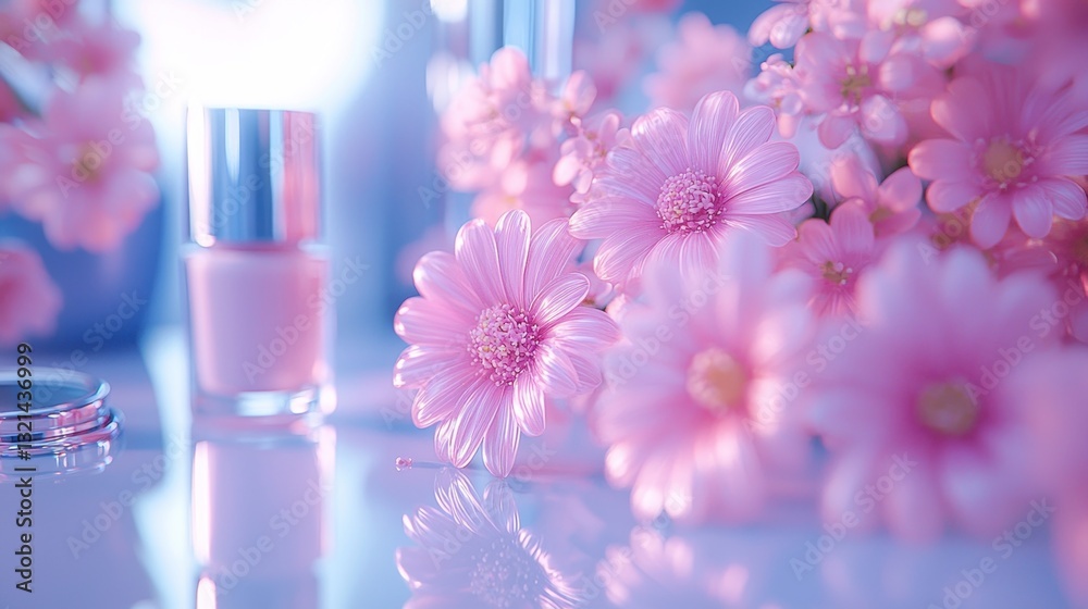 Soft Pink Dream: Nail Polish and Daisies in a Serene Still Life Soft Pink Dream: Nail Polish and Daisies in a Serene Still Life