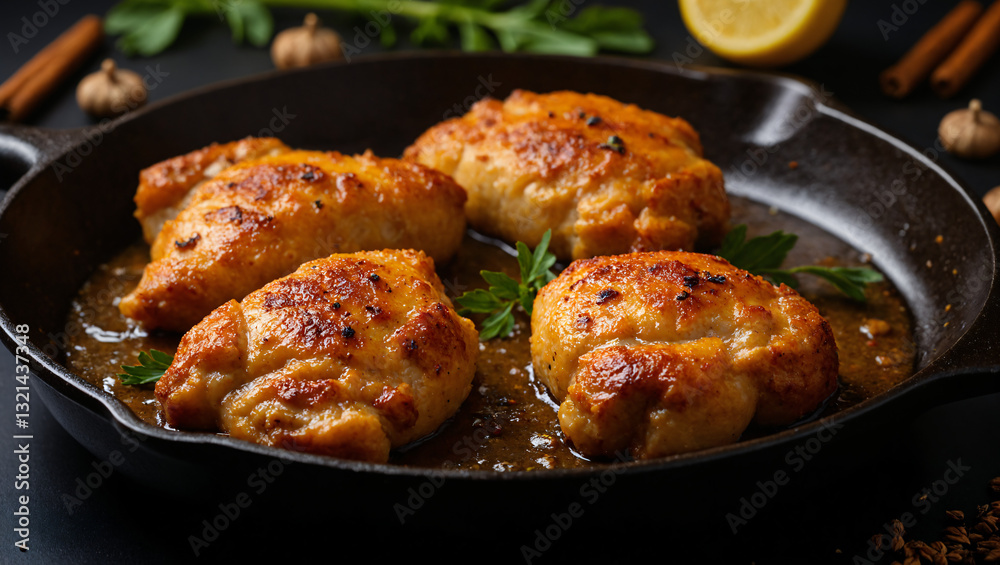 Juicy roasted chicken thighs in a cast iron skillet with rich sauce, garnished with fresh herbs. Slow-cooked golden-brown chicken with crispy skin and deep, savory flavor for gourmet dining
Juicy roasted chicken thighs in a cast iron skillet with rich sauce, garnished with fresh herbs. Slow-cooked golden-brown chicken with crispy skin and deep, savory flavor for gourmet dining