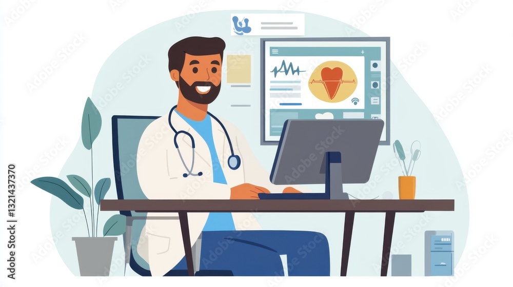 Chronic Disease Management. Smiling Male Doctor Using Computer in Modern Office Chronic Disease Management. Smiling Male Doctor Using Computer in Modern Office