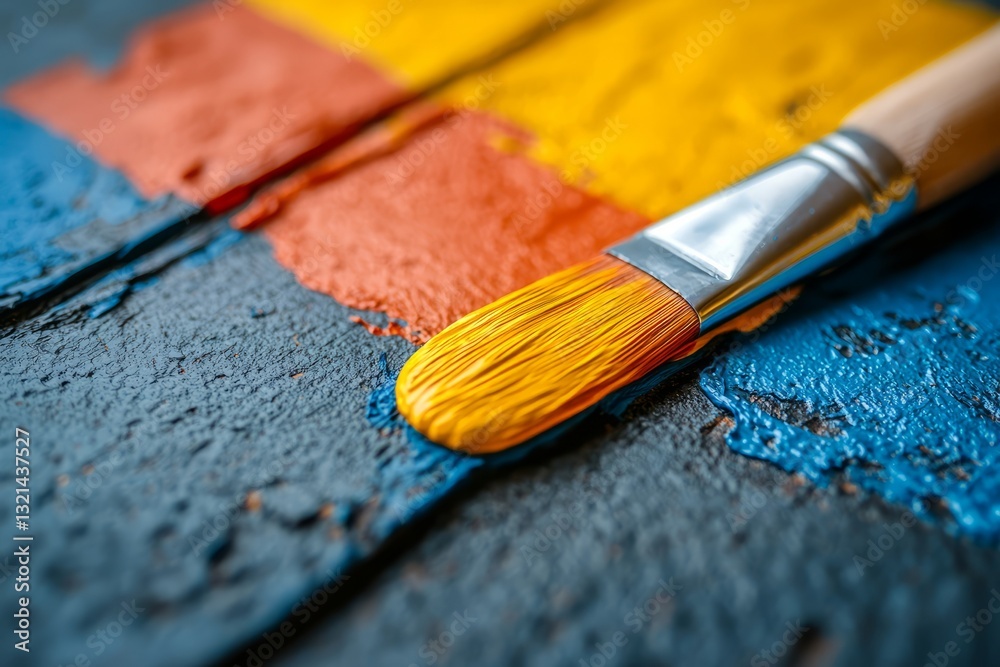 Fototapeta premium Vibrant Paintbrush with Bright Colors on Textured Wooden Surface in Artistic Setting