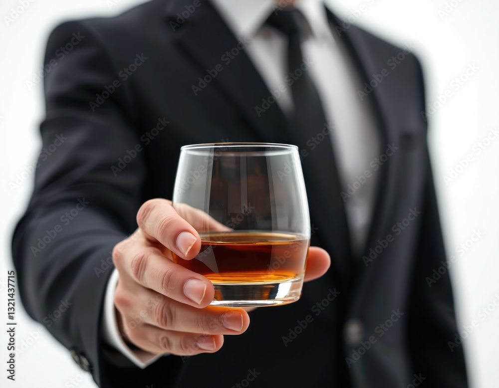 Close-up of businessman hand holding glass of whiskey. Man in suit offers alcohol beverage. Celebration, success, party, business concept, drink. Dark golden liquor on white background.