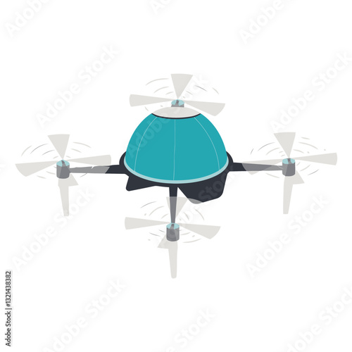 Drone Technology: Futuristic teal drone with four propellers, hovering in mid-air, showcasing advanced technology and aerial capabilities.