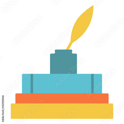 Quill Pen on Books: A yellow quill pen rests elegantly on an inkwell atop a stack of books, symbolizing education, writing, and knowledge.