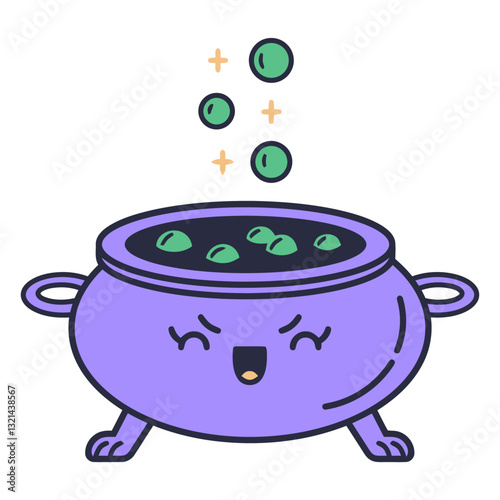 Whimsical Brew: A charming illustration of a cartoon cauldron bubbling with a green concoction, embodying enchantment and magic, perfect for adding a touch of fantasy.