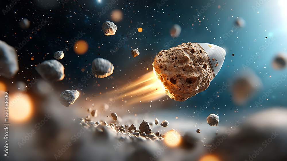 Rocket flying through a layered asteroid belt space environment digital artwork cosmic adventure dynamic perspective thrilling journey