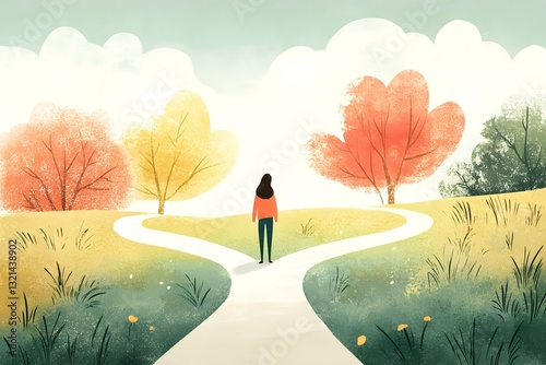 Illustration of a person standing at a fork in the road with two paths.