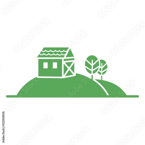 Tranquil rural scene: A charming house, nestled atop a serene hill, accompanied by a pair of trees, perfectly capturing the peace and simplicity of country life.