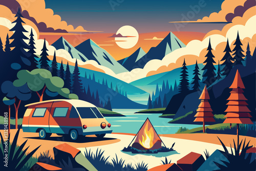 Night camp cartoon vector concepts. tents campfire rocks river coast, camping tourist stuff pond shore, traveler midnight halt mountains horizon moonlight landscape illustrations