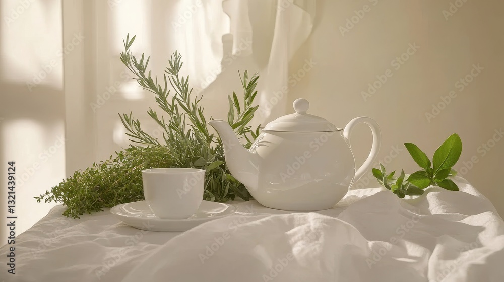 Elegant Herbal Tea Set in Soft Light with Fresh Greenery Accents Elegant Herbal Tea Set in Soft Light with Fresh Greenery Accents