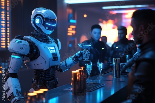 AI robot bartender serving drinks to people in the bar, futuristic and sci-fi style, with neon lights in the background.
