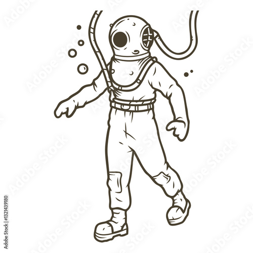 Diver's Exploration: An illustration of a vintage diver in a classic diving suit, ready to descend into the unknown depths, depicting the spirit of underwater exploration.