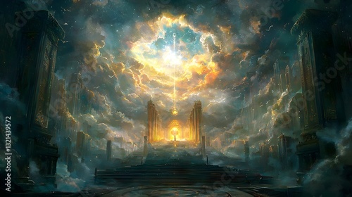 20. A grand celestial court where gods and mortals discuss fate under a luminous sky