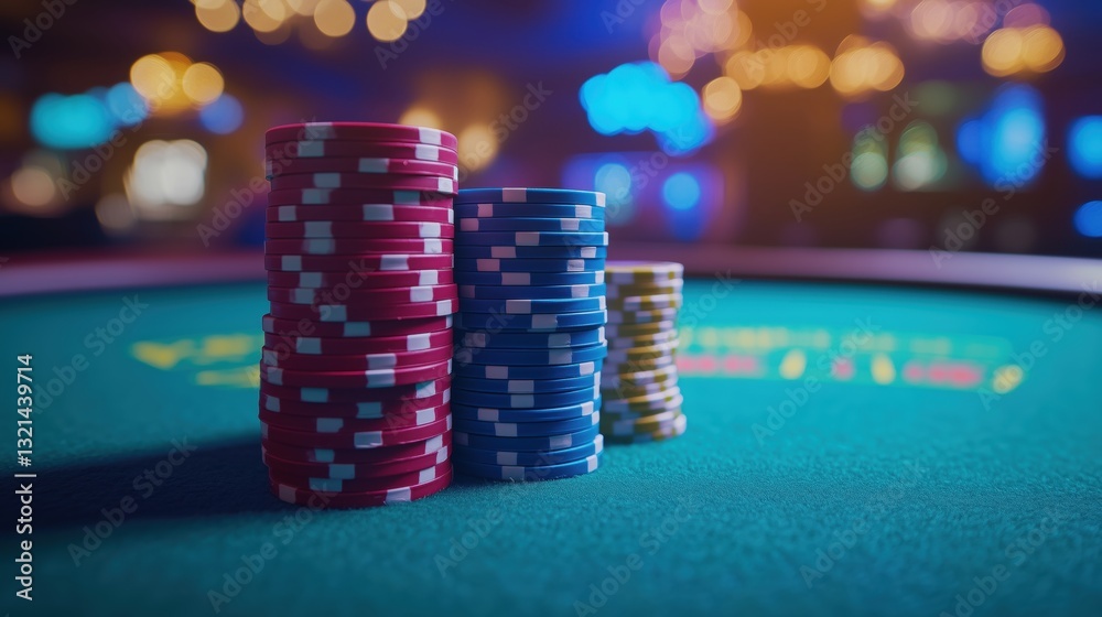 Photo of a casino table with colorful chips, a green felt surface, and blue lighting in the background Photo of a casino table with colorful chips, a green felt surface, and blue lighting in the background