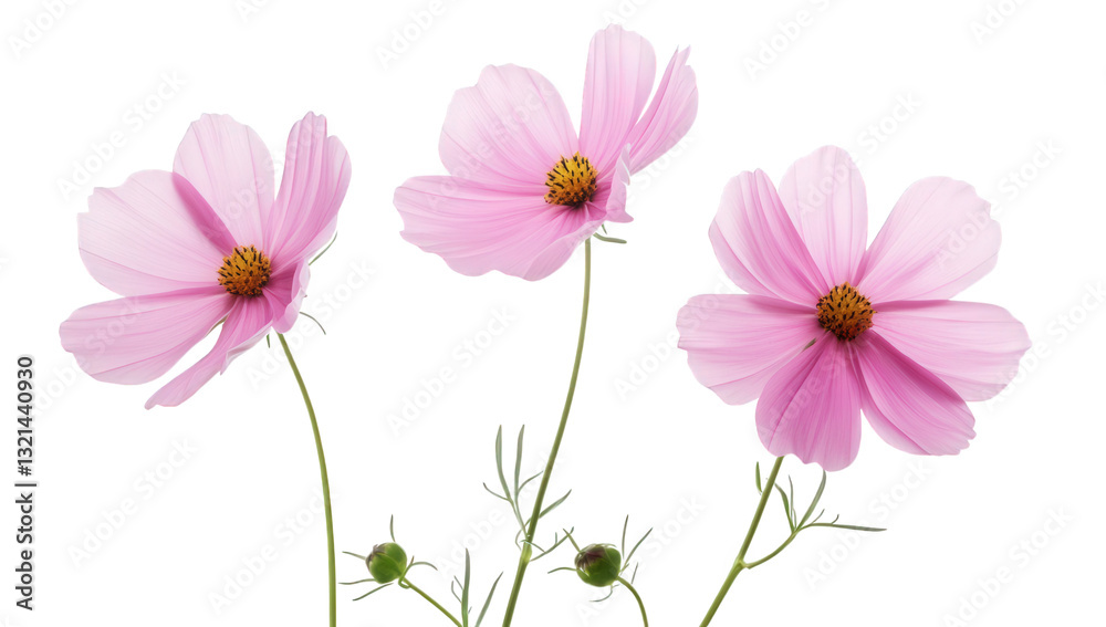 three pink cosmos flowers against a white background highlighting their delicate petals and green stems ideal for floral design or nature-themed projects three pink cosmos flowers against a white background highlighting their delicate petals and green stems ideal for floral design or nature-themed projects