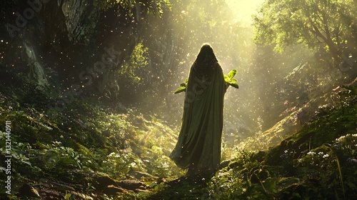 29. A divine healer standing in a sacred grove, their touch restoring life to withering plants