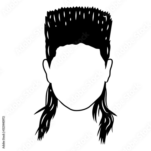 Mullet Hairstyle: A stylized silhouette of a classic mullet hairstyle, showcasing the iconic short front and top, paired with long, flowing back strands.