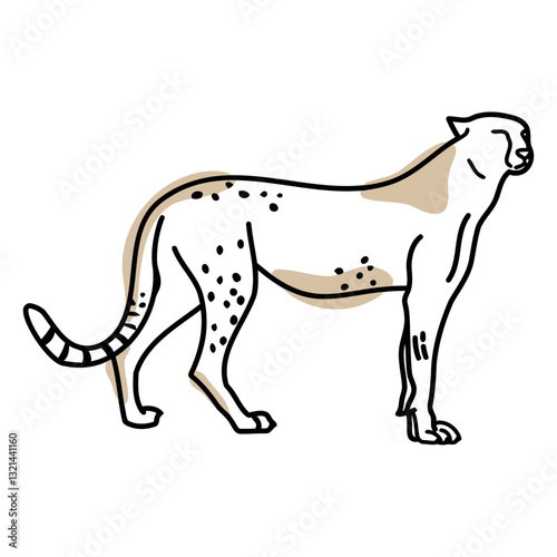 Cheetah line art: A sleek illustration of a cheetah, captured in a dynamic pose with minimalist lines and subtle color accents. This artwork highlights the cheetah's grace and agility.