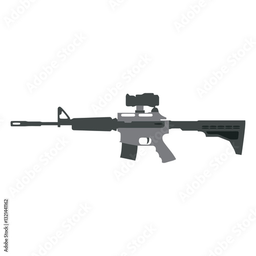 Assault Rifle in View: An eye-level perspective showcases the robust design and tactical features of a high-powered assault rifle. Revealing the raw power and sleek details of this firearm.