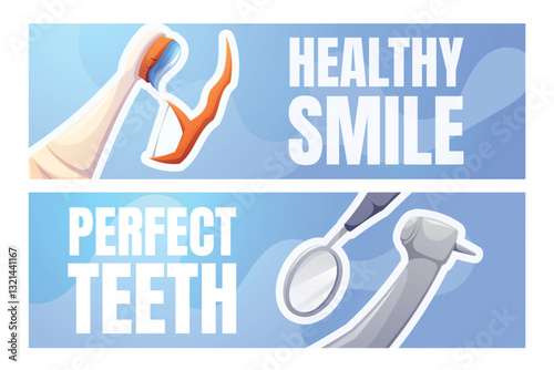 Vector cartoon illustration of a dental care banner templates with oral hygiene tools, dental mirror, turbine handpiece, and floss pick. Concept of healthy smile and perfect teeth.