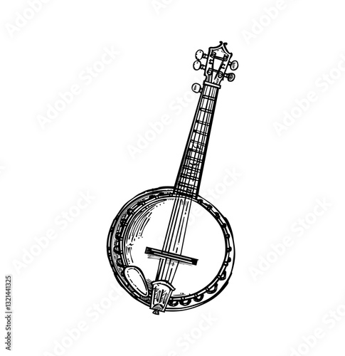 banjo engraving black and white outline, good quality