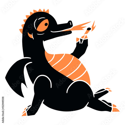 Playful Dragon Illustration: A whimsical dragon exhales a stream of fire with a cheerful expression. This vibrant illustration is perfect for conveying creativity and fantasy.
