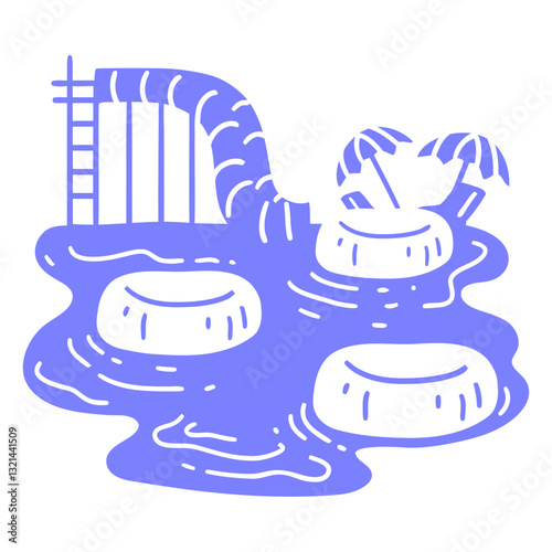 Water Park Fun: A vibrant illustration of a water park with a winding slide and relaxing pool area. The scene captures the essence of summer fun and leisure.