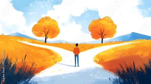 Illustration of a person standing at a fork in the road with two paths.