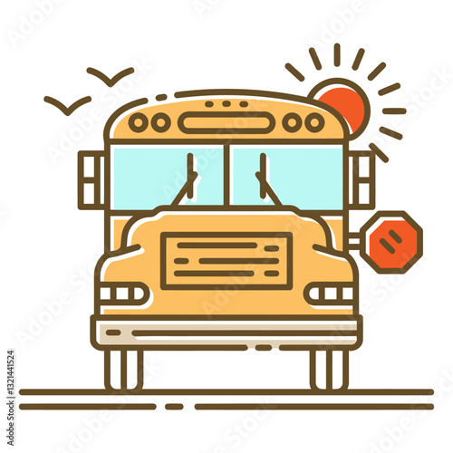 School Bus Illustration: An illustrated school bus in a sunny environment with the sun and birds, symbolizing a safe and pleasant journey to school.