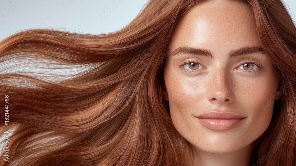 Fototapeta premium A beautiful brown model with long, flowing hair is featured in the ad for her professional and high-end hairstyling service company