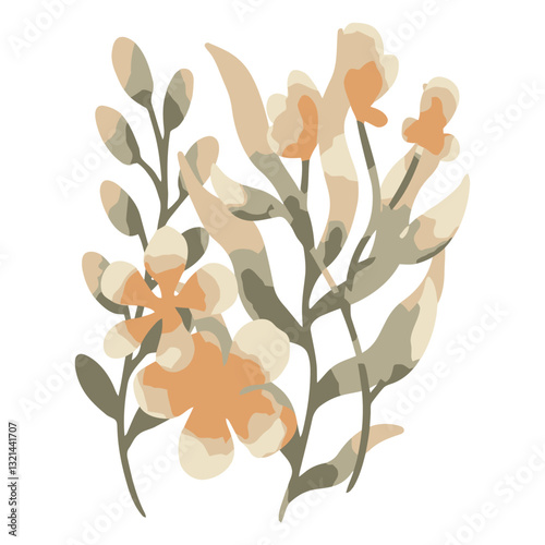 Floral Arrangement: Abstract Botanical Illustration: An abstract illustration of a floral arrangement featuring muted orange and green tones.  The style is modern and minimalist.