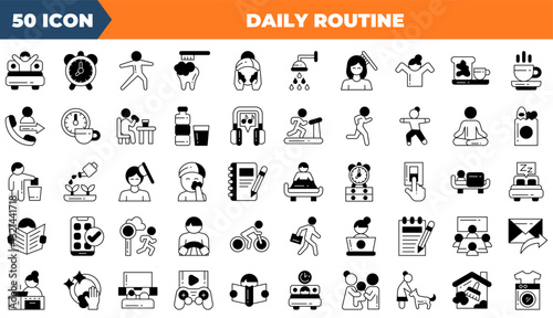 Daily Routine icon set. Containing routine, bedtime, saving,and more. Duotone vector icons collection.